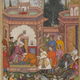 Candrahāsa kneeling before the Raja of Kuntala on being presented to him by the minister Dhṛṣṭabuddhi after Candrahāsa’s victory over the king’s enemies. The elephants, horses and hawk are booty from the enemy.